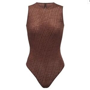 SKIMS VELVET SLEEVELESS BODYSUIT ALL OVER LOGOS SEE THROUGH MESH CHESTNUT SZ 4X